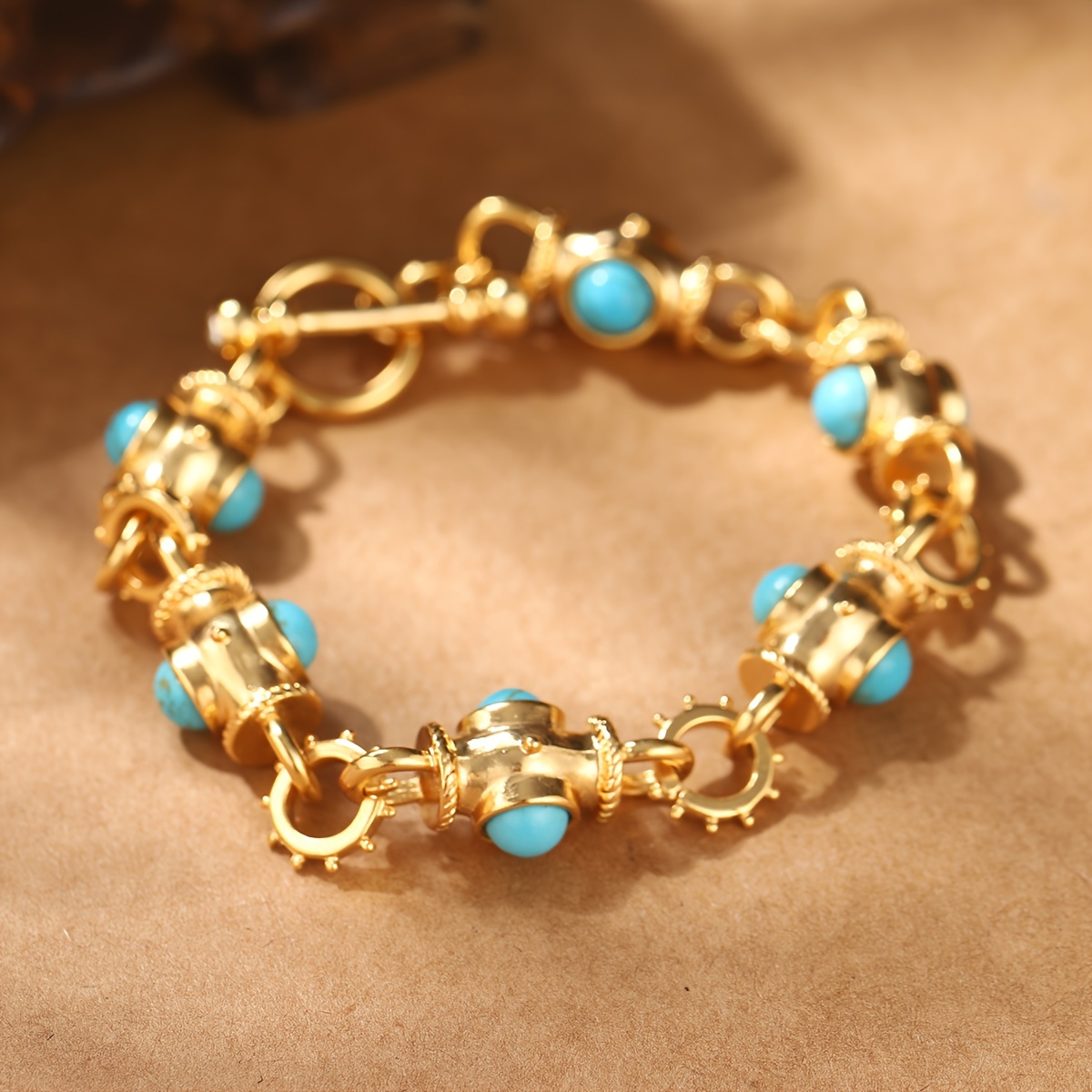 

Vintage Boho Inspired 18k Golden Plated Alloy Bracelet With Turquoise Insets, Geometric For Women - Ideal For Daily Wear & Parties