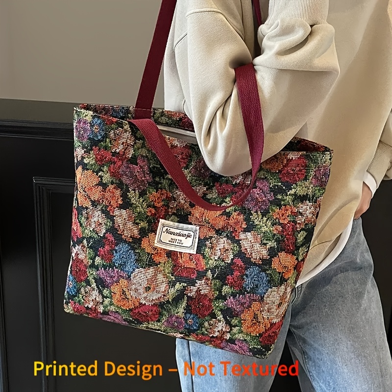 TEMU Printed Design New Fashionable Printed Canvas Tote Bag, Large Capacity Slouchy Handbag, Zipper Closure, Sturdy Handles, Comfortable Fabric, ,