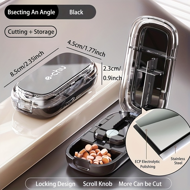 cutter starlight model 2 4 slitting pill cutter with medicine box black matte texture portable travel pill distribution tool suitable for pills Product details 3