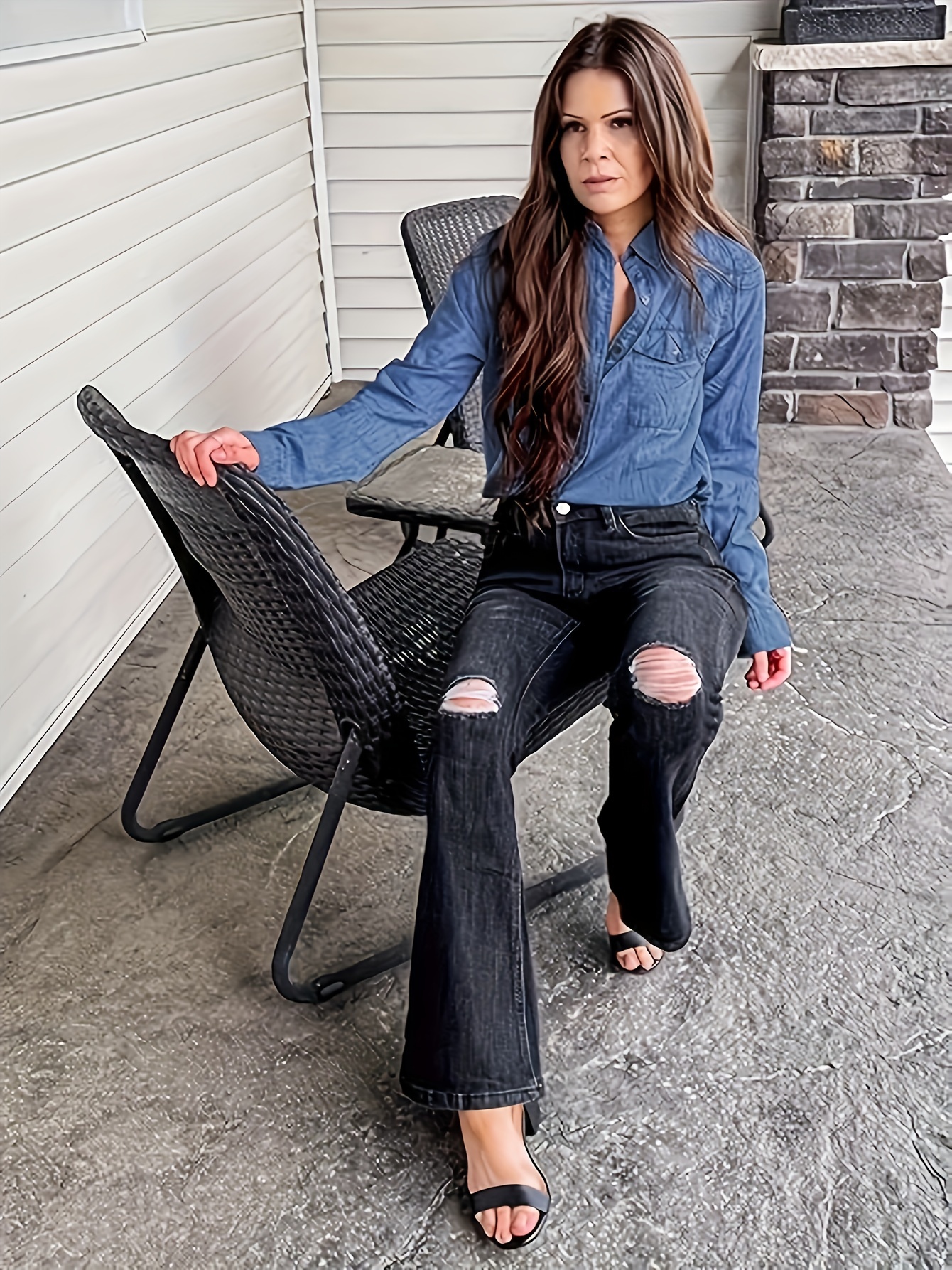 womens casual denim shirt classic long sleeve button down jean top versatile fashion streetwear outdoor indoor apparel details 5