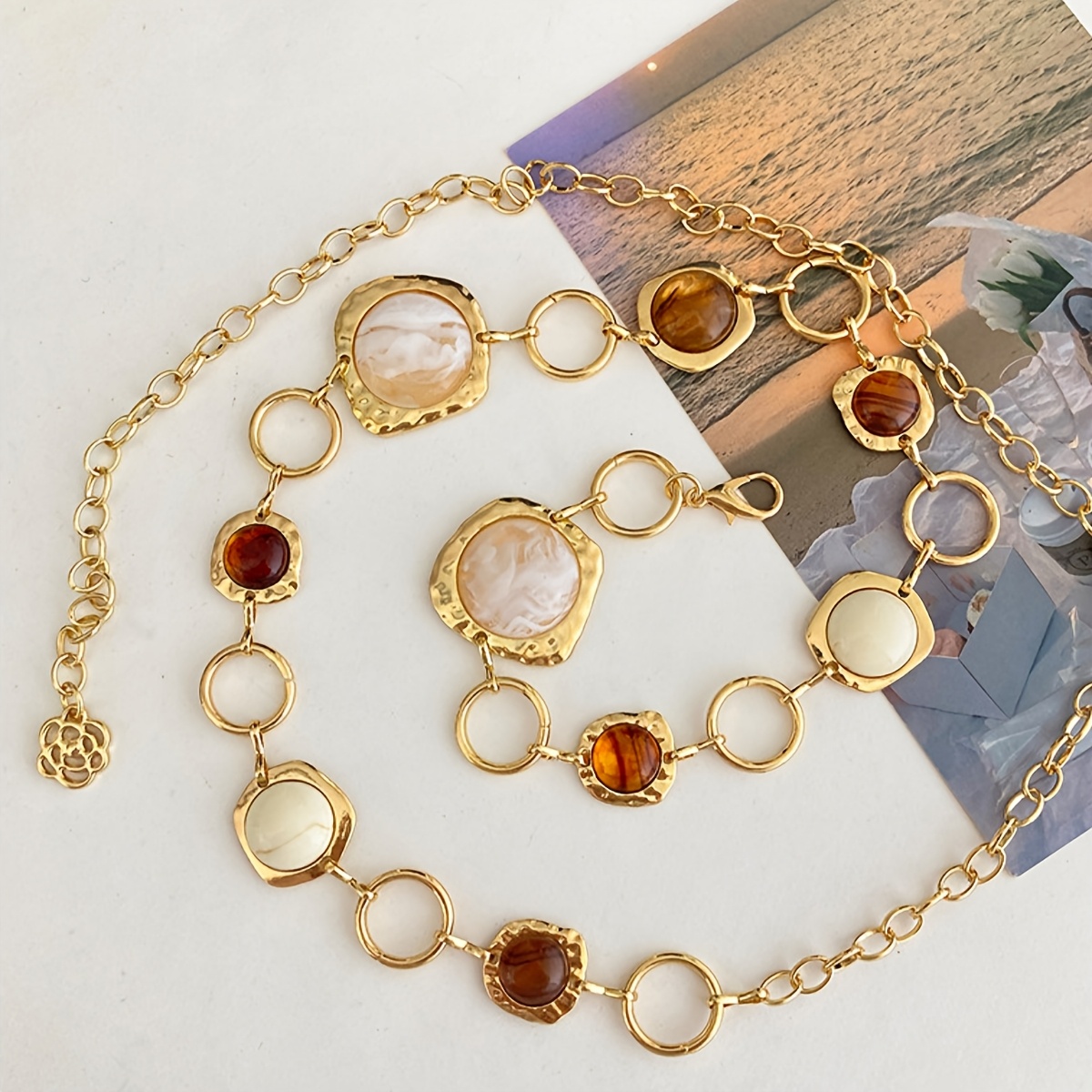 TEMU 1pc 2026 New Retro Amber Pattern Metal Belt Chain Adjustable Versatile Decorative Chain Sweater Dress Universal Additions