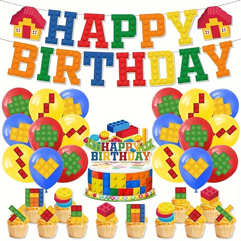 

Building Blocks Themed Happy Birthday Banner And Cupcake Toppers Set, Mixed Color Paper Party Decorations For Kids Room, Perfect For Birthday Celebrations And Holiday Events