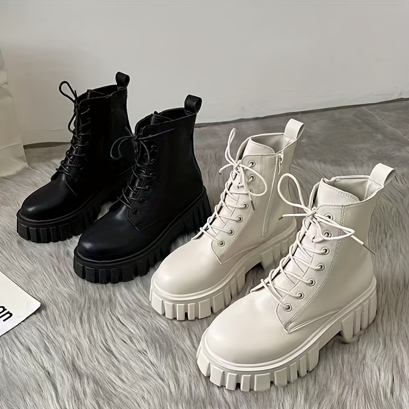 

Women's Solid Color Platform Combat Boots, Fashion Lace Up Short Boots, Stylish Side Zipper Anke Boots