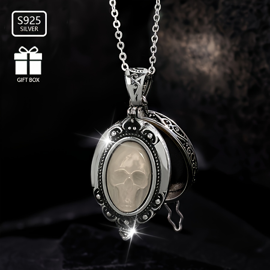 

1pc925 Sterling Silver Low Sensitivity Inlaid Freshwater Pearl Skull Necklace Female Memory Locket, Photo Box, Souvenir Gift For Lovers Anniversary Gift (9.8g/0.345oz)