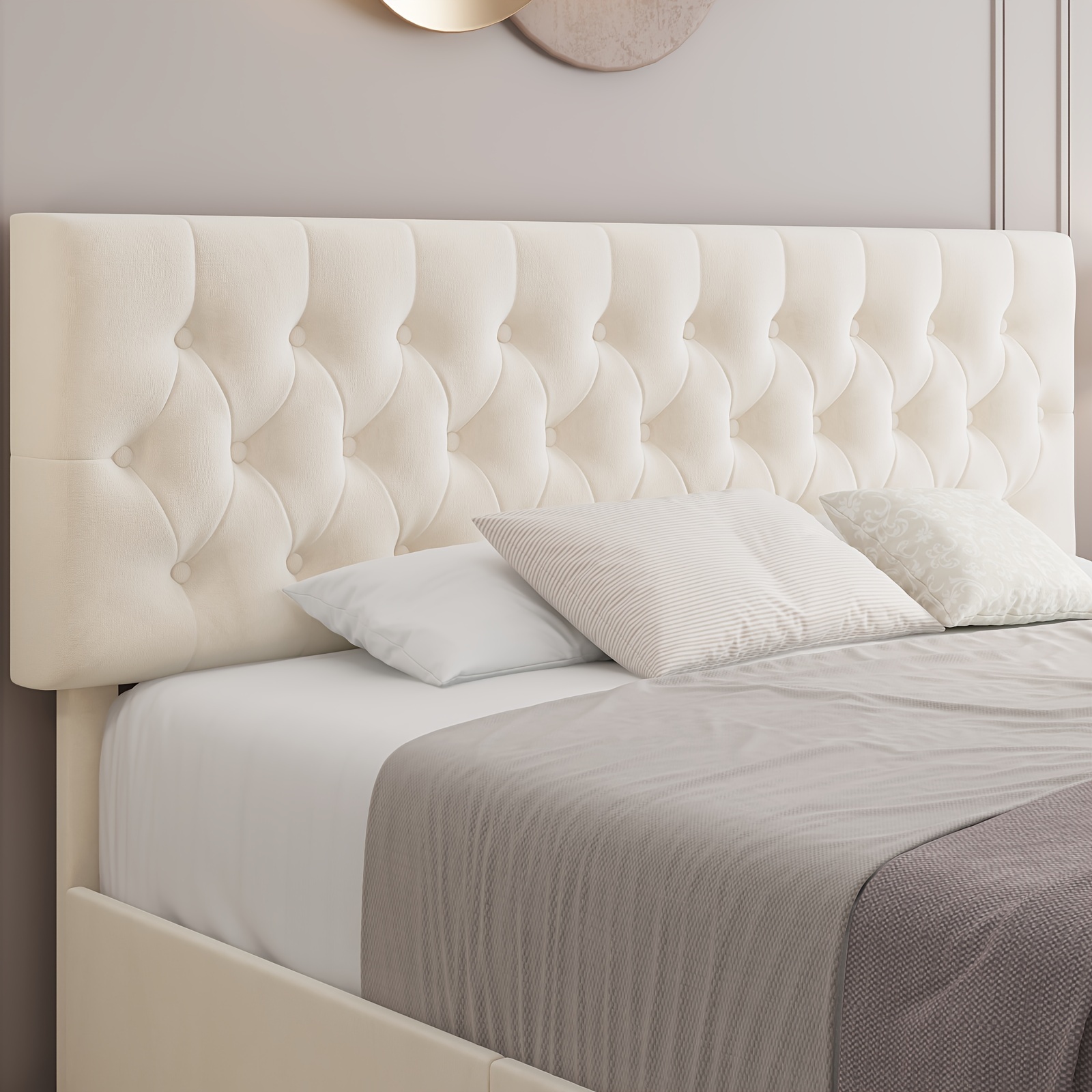 Modern Upholstered Bed Frame with 4 Storage Drawers, Platform Bed Frame with Button Tufted Headboard, Solid Wooden Slat Support