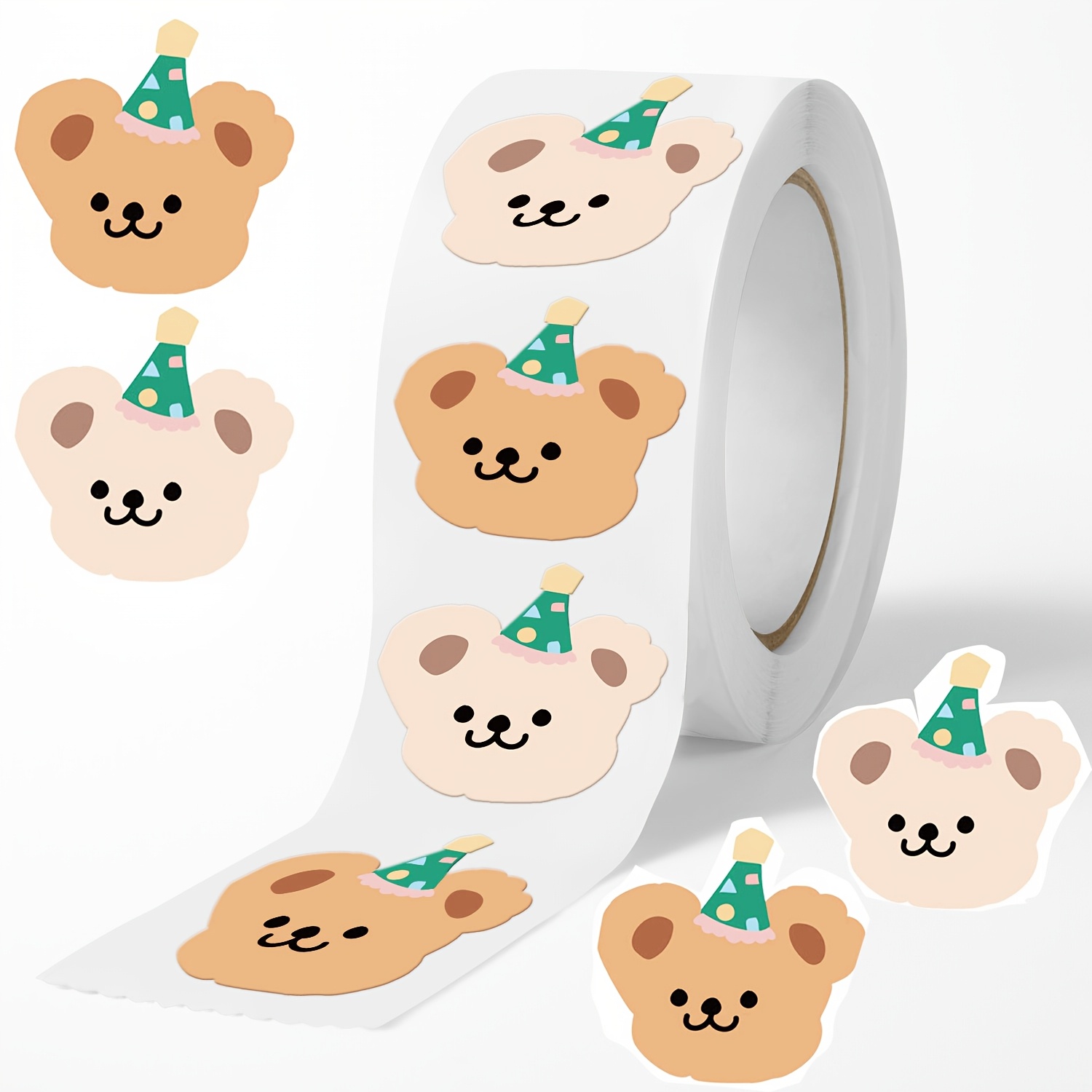 

500pcs/roll Cartoon Bear Stickers, Self-adhesive Paper Labels For Gift Packaging, , Scrapbooking - Embroidered, Glossy , Wood Surface Friendly, Animal Theme, Round Shape