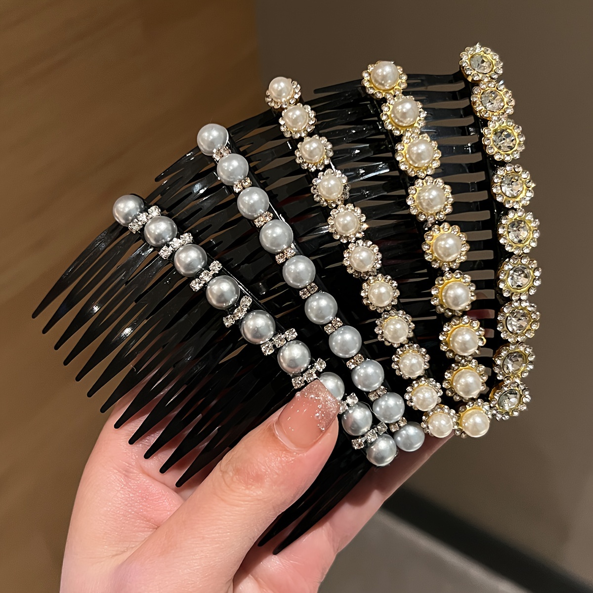 

5pc Pearl And Rhinestone Embellished Hair Side Combs Set, Elegant Styling Accessories For Women, Unscented, Normal And Relaxed Textured Hair Compatible, Versatile Korean-inspired Hair Clips