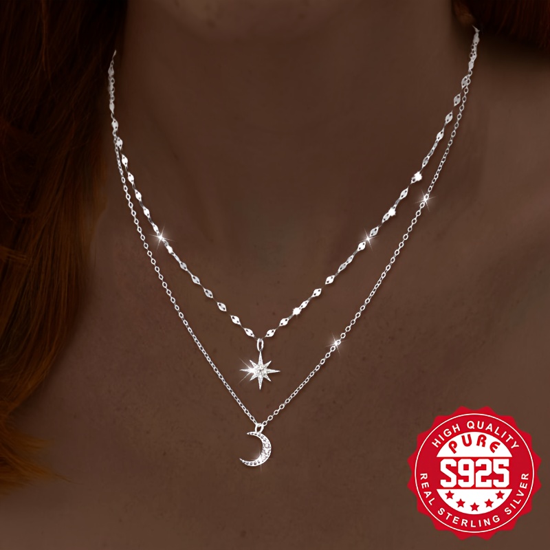 

Elegant S925 Sterling Silvery Double-layered Necklace With Design - Hypoallergenic, Casual Attire Or Gifting