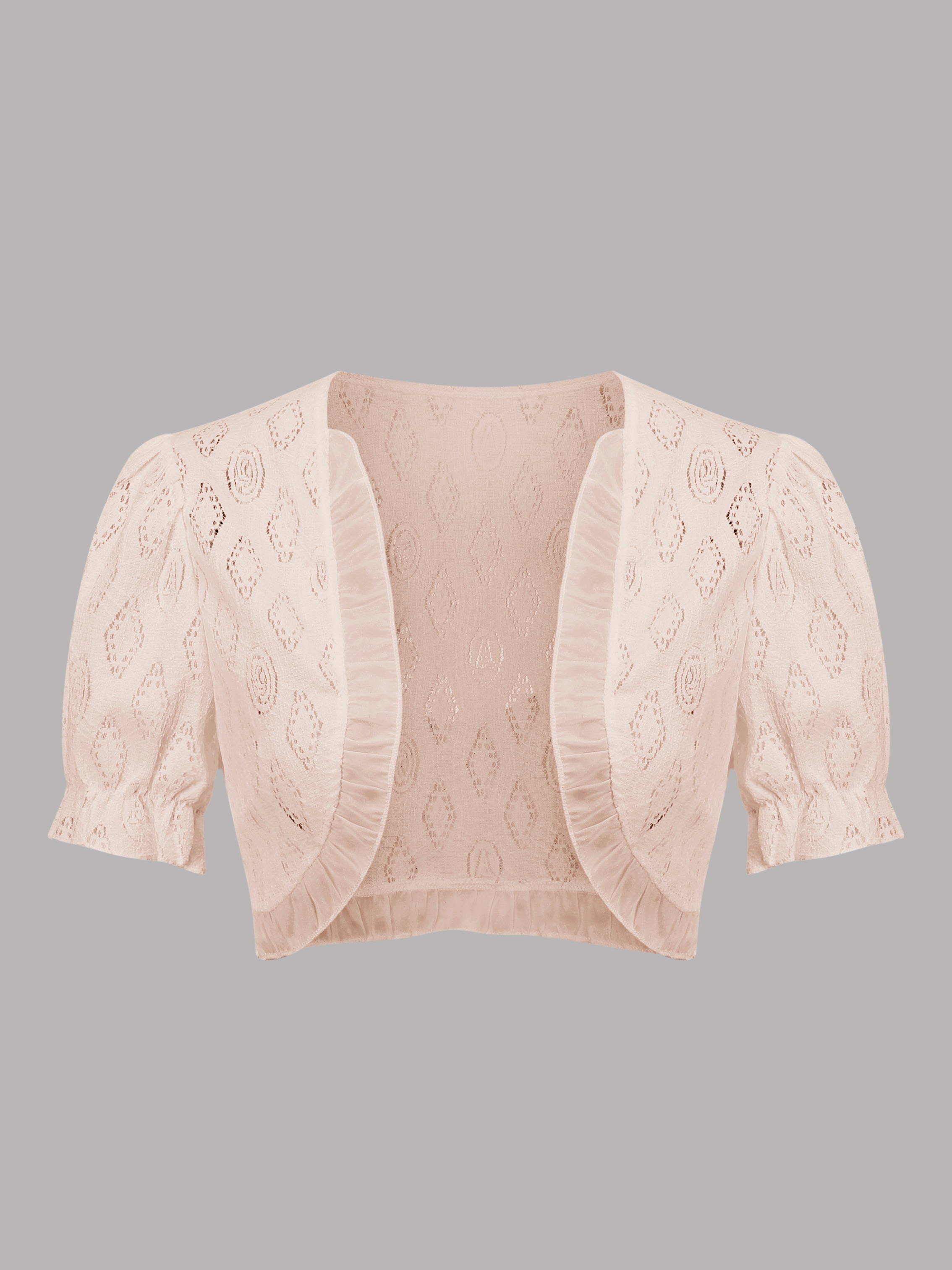 Solid Eyelet Contrast Lace Crop Cardigan, Elegant Puff Short Sleeve Open Front Top, Women's Clothing