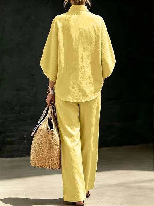 womens summer like batwing sleeve set stand collar button blouse wide leg pants 2pcs casual vacation outfit