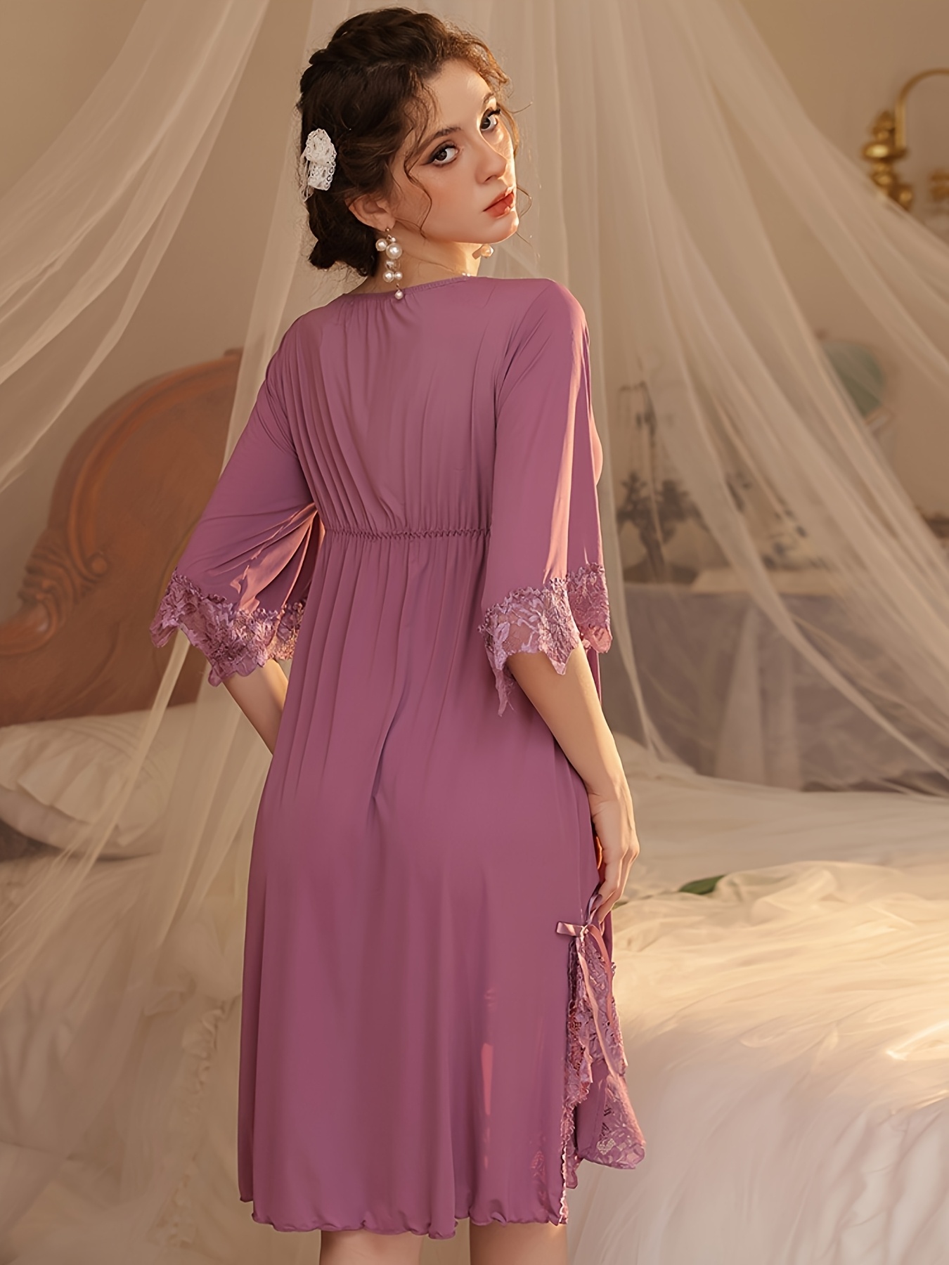 womens elegant lace trim v neck three quarter sleeve sleep - Temu Nigeria