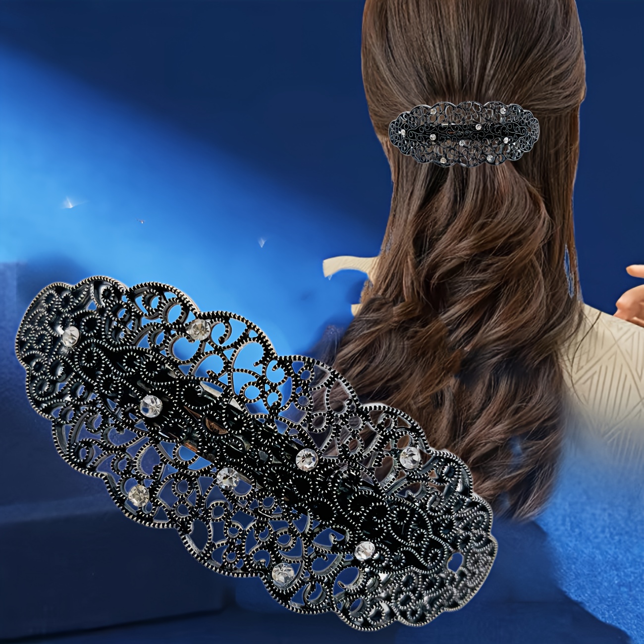Image of European And American Trendy Large Hair Clip Vintage Elegant Back Spring Alloy Rhinestone Ponytail Clip Simple Hairpin Fashionable Updo Hair Accessory