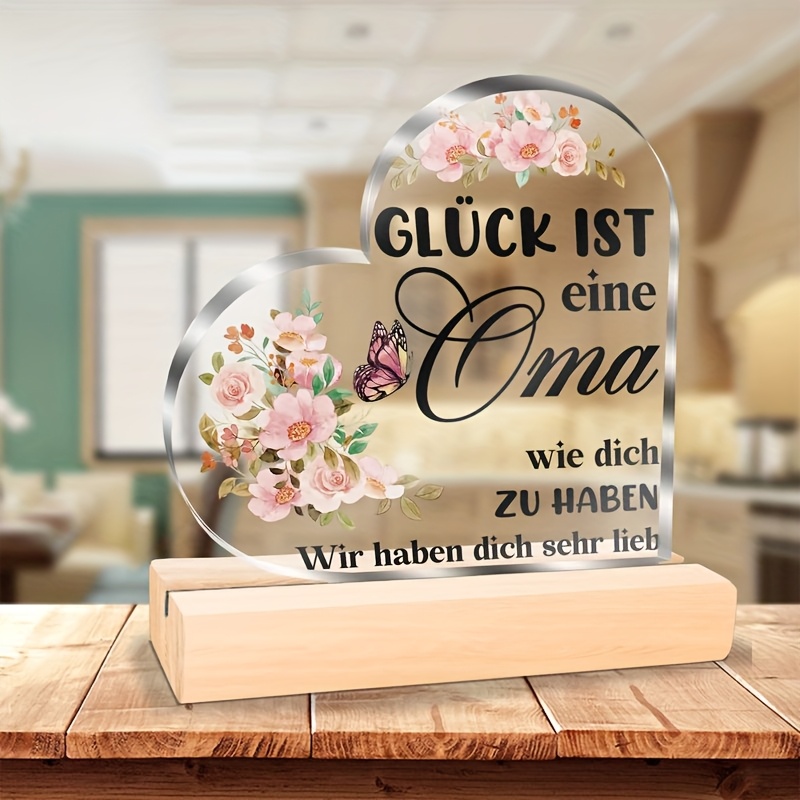 E-shop 2D Flat - [2D Flat] Eine herzförmige Acrylplakette mit Holzsockel, 2D Flat Design, ein Geschenk für Oma, ein Geburtstagsgeschenk für Oma, Oma,