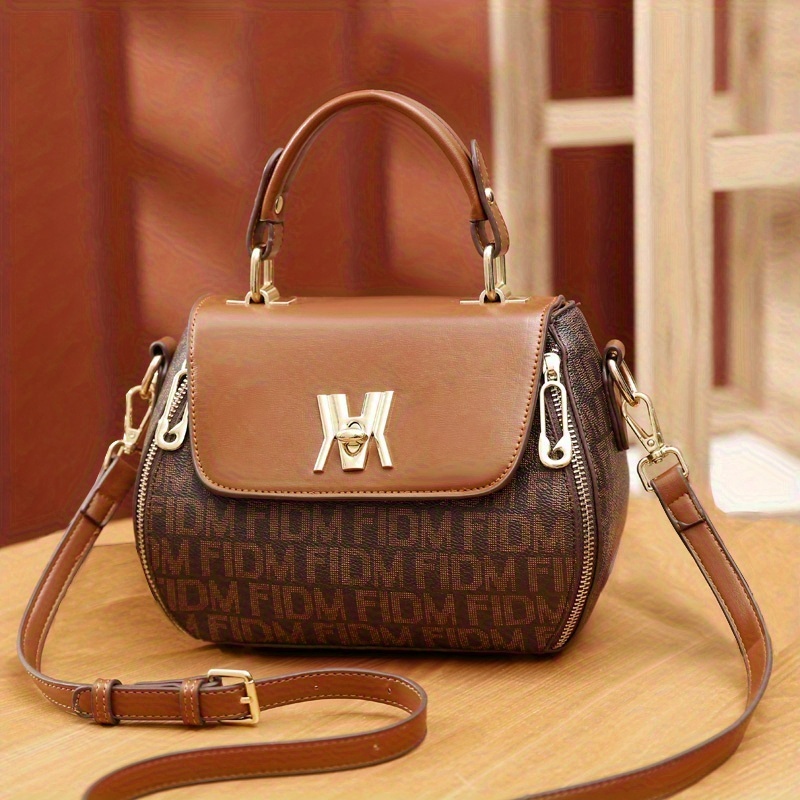 Image of Vintage Letter Print Satchel Bag, Classic Colorblock Shoulder Handbag, Synthetic With Feature, Adjustable Strap, Zipper Closure, Polyester Lining, Paint Detail, Occasion-ready