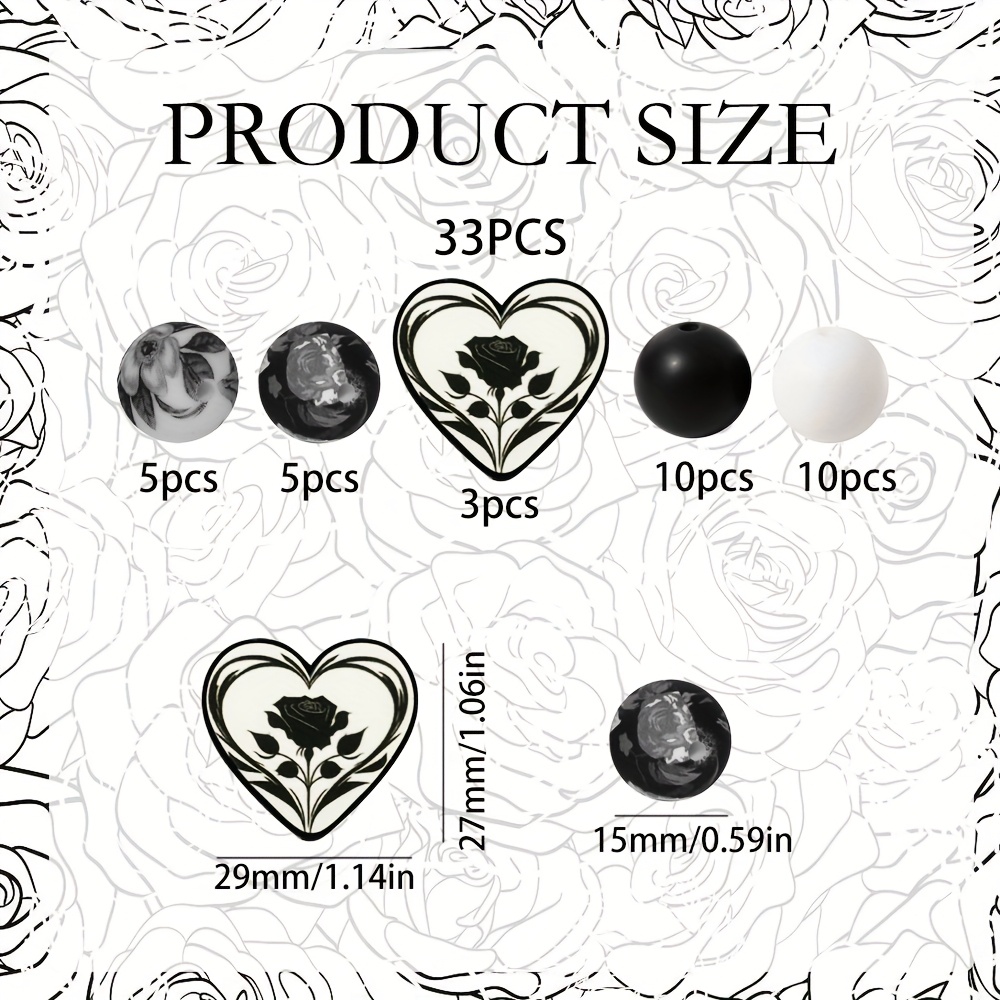 TEMU 33pcs Perles de cœur, de rose et de fleur et blanc, perles imprimées et blanc, adaptées aux ajouts de bijoux, utilisées pour collier, bracelet,