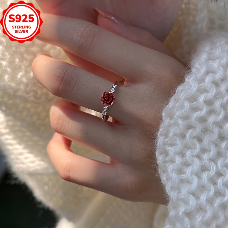 Women's Adjustable Vintage Rose Flower Ring in 925 Sterling Silver