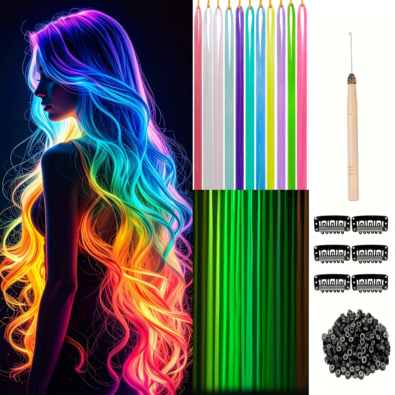 E-shop 11-teiliges und 8-teiliges Y2K Leuchtende Haarverlängerung 48 Zoll, 11 Farben und 8 Farben, synthetische, gerade, leuchtende Haarteile,