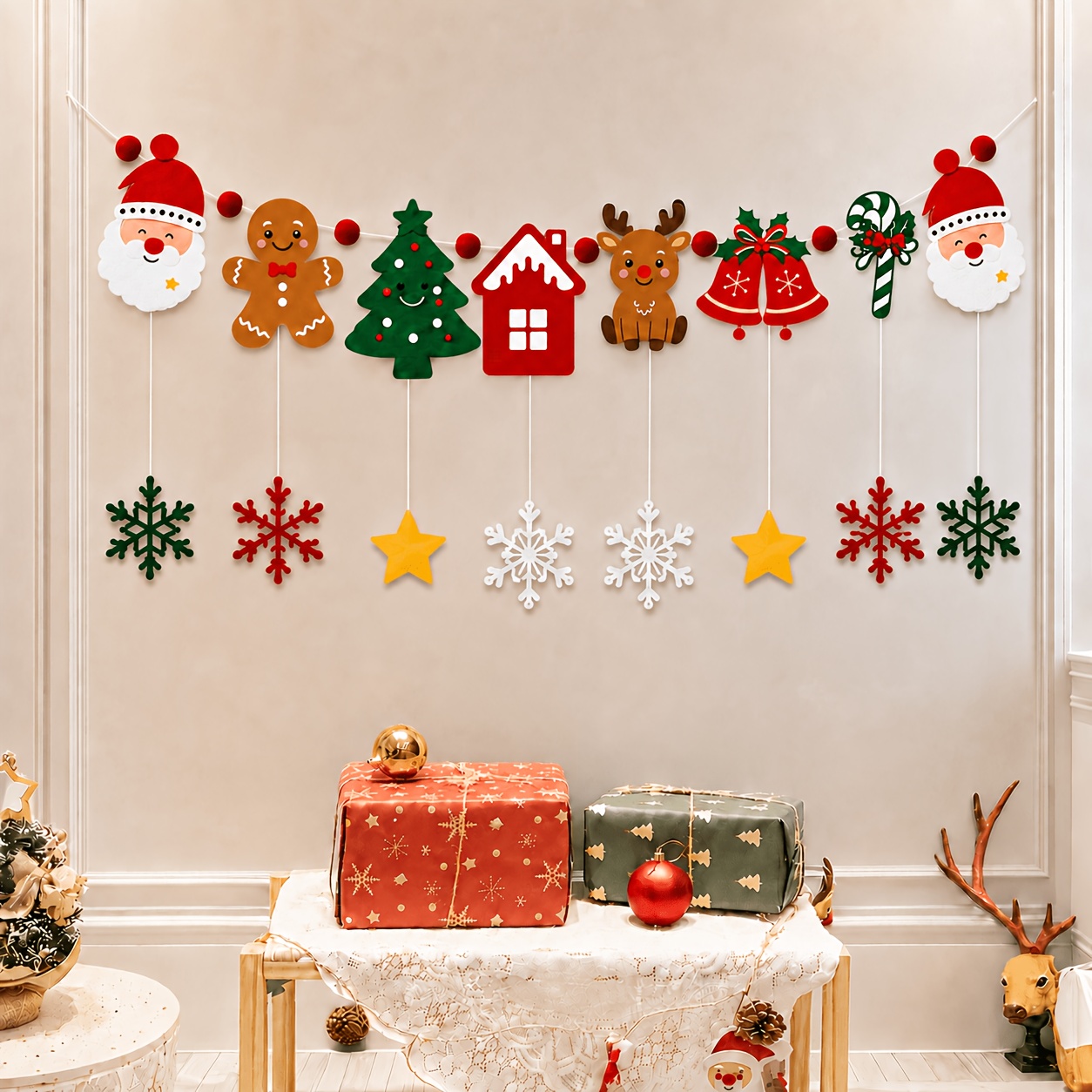TEMU 2d Flat, 2d Flat - 2d Flat, 2d Flat - 2-layer Christmas Felt Garland, 2d Flat Santa Gingerbread Tree Reindeer Bell & Snowflake Hanging Banner,