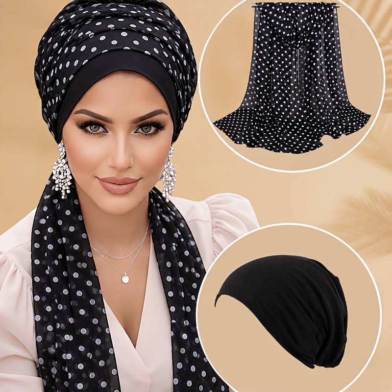 TEMU 2pcs Zebra Print Headscarf Set, Fashionable Long Printed Scarf With Solid-colored Lined Cap, Stylish Women's Fashion Headscarf, Daily Headscarf