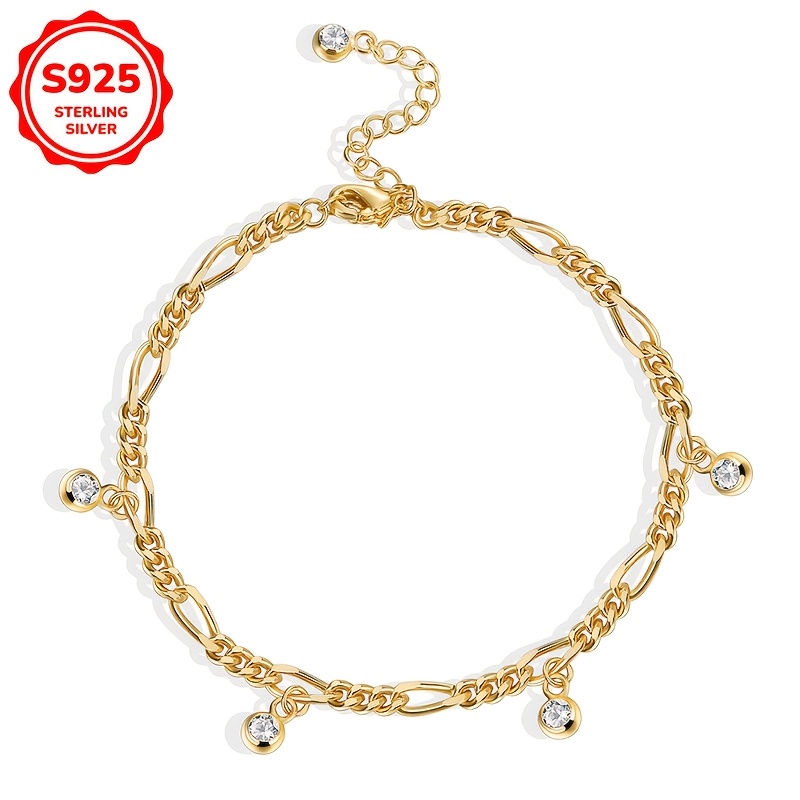 TEMU S925 Sterling Silvery Anklet With Zirconia Stone, Fashionable Retro Versatile Women's Foot Chain For Casual Attire And Gifting
