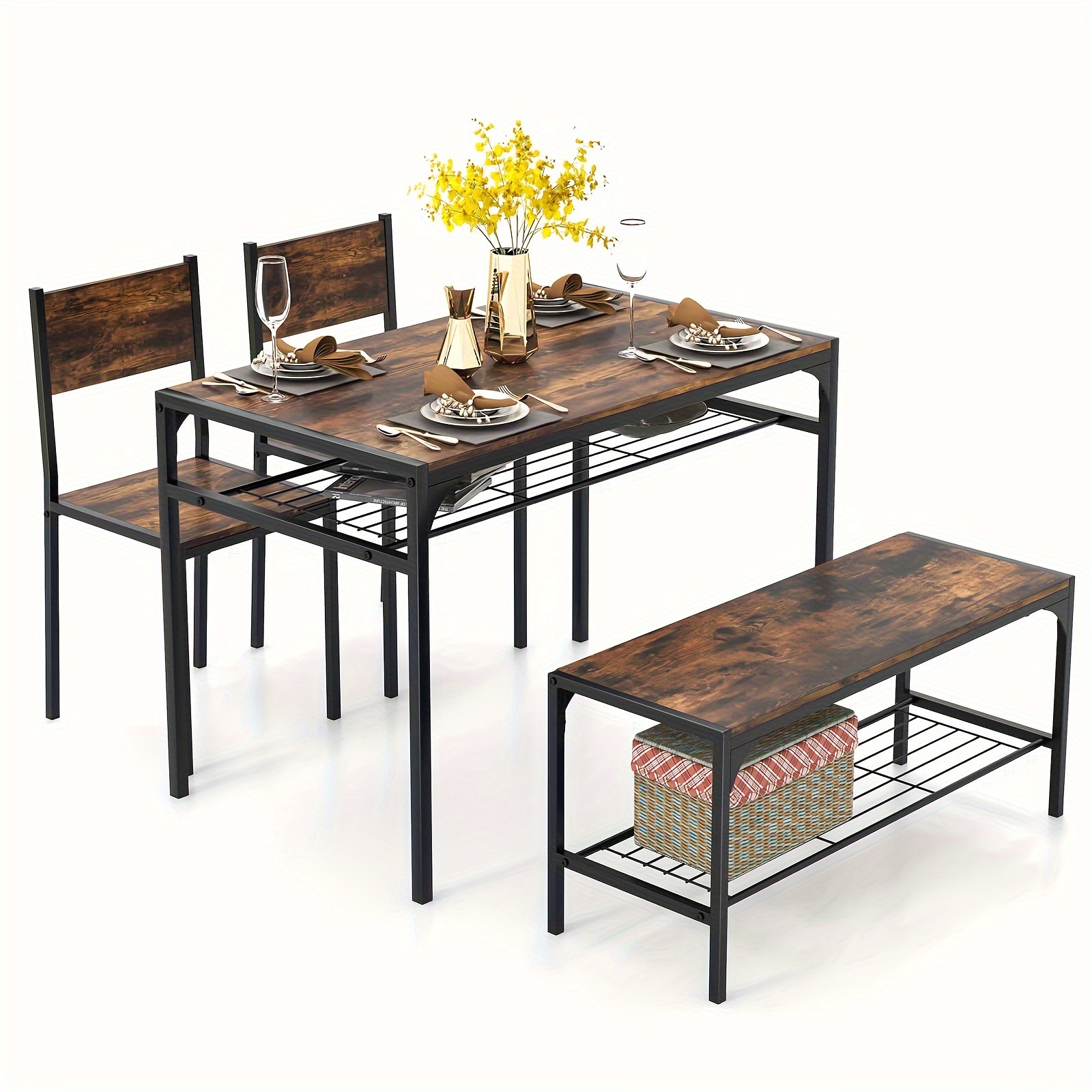 

Dining Table Set For 4 Rectangular Table W/ 2 Chairs, 1 Bench, Storage Racks