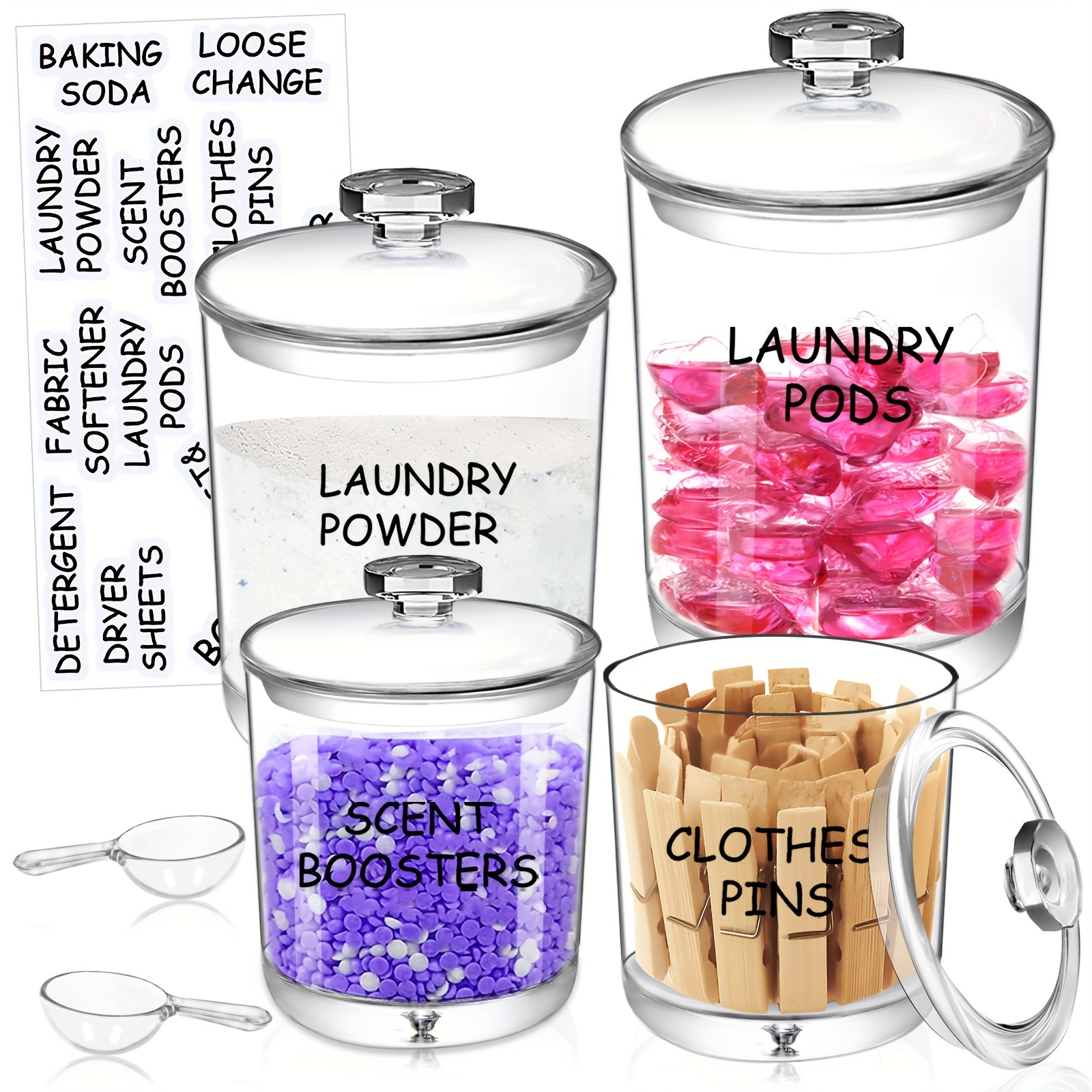 

4pcs Acrylic Laundry Room Organization Jars, 4pcs For Organizing With 2 Scoops & Labels, Clear Laundry Jars For Detergent Powder, Dryer Balls, Pods, Scent Boosters, Laundry Room Storage Box