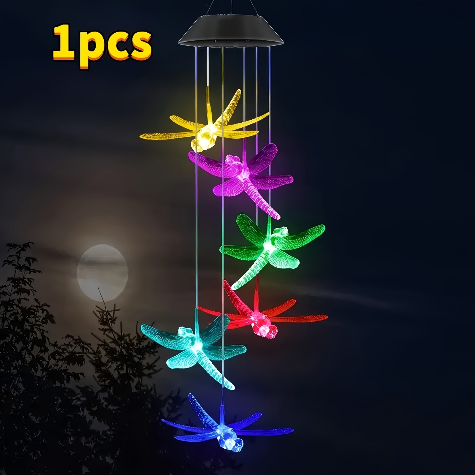 Changing Solar Dragonfly Wind Chimes - Hanging Led Lights, Auto Illuminates At Night, Stunning Outdoor Decor For Garden & Holiday Displays