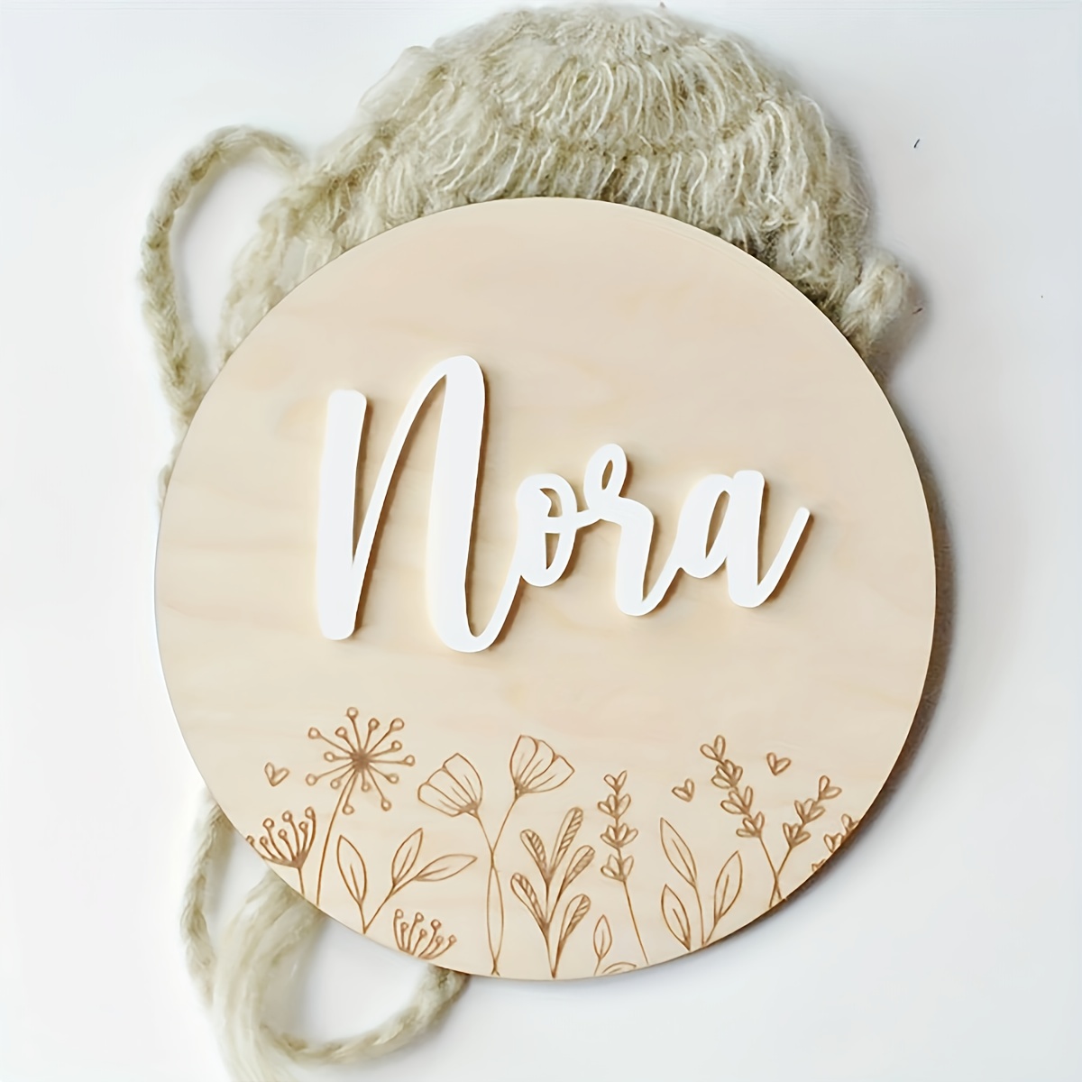 Image of Baby Name Announcement, Birth Wood Sign, Hospital Name Sign, Floral Wooden Engraved Round Boho Flower Baby Announcement Card, Newborn Photo Prop