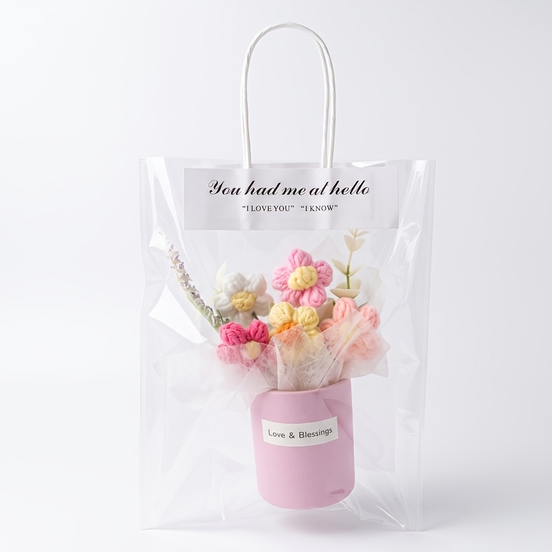TEMU 1pc Knitted Simulation Flower Crochet Puff Bouquet In A Small Bucket, Includes A Gift Bag, Miniature Decoration, Creative Gift, Suitable For
