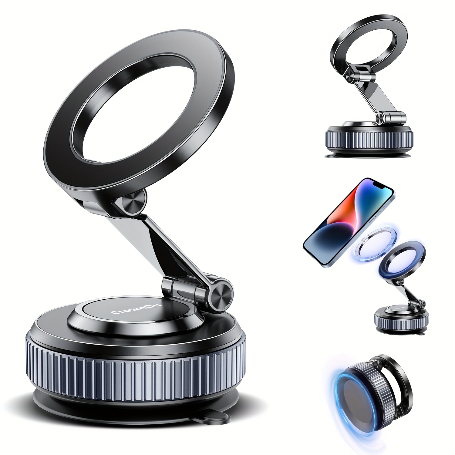 rotatable car vacuum suction cup phone holder extendable and foldable 360 rotating magnetic phone stand   alloy material super strong suction magnetic car phone mount universal for iphone   desktop live streaming suitable for cars gyms mirrors smooth     free magnetic ring
