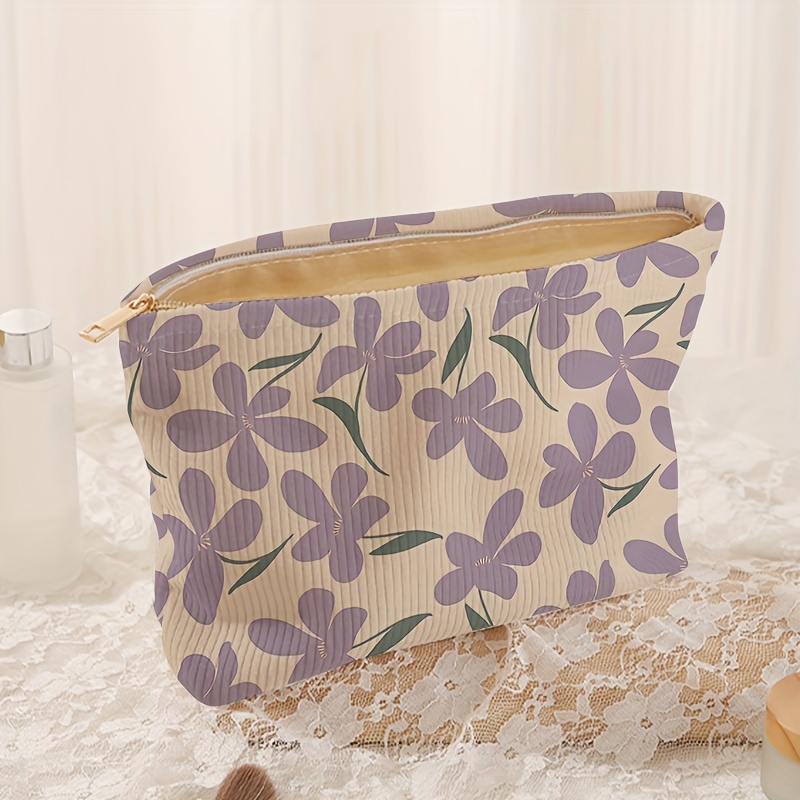 TEMU Floral Corduroy Makeup Bag – Lightweight Zippered Cosmetic Pouch With Inner Lining, Purple Flower Print On White Background, Versatile Toiletry Organizer For Travel Or Daily Use, Cosmetic Bag