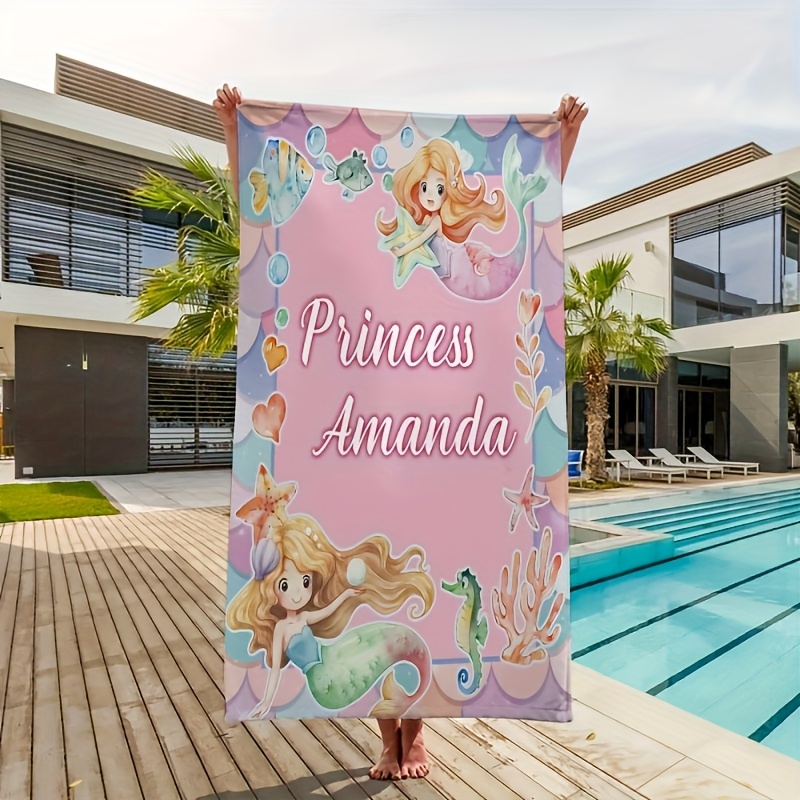 TEMU 1 Personalized Cartoon Mermaid Seahorse Beach Towel, Custom Name "princess ", Vibrant Underwater Design, Lightweight Microfiber, Rectangle 30x60