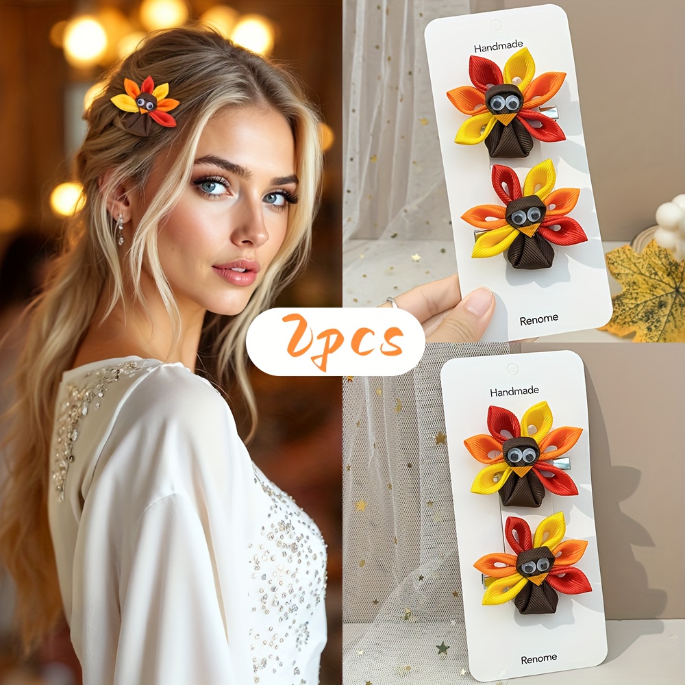 TEMU 2pcs Cute Fall Turkey Bow Hair Clips For Side Barrettes Festive Thanksgiving Hair Accessories Ideal Thanksgiving Gift For Women Holiday Dinner &