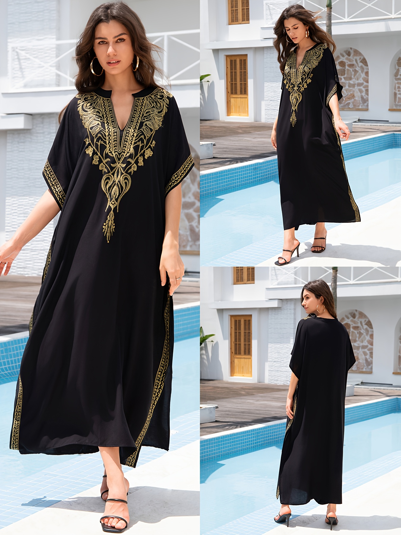 long mexican embroidered kaftan dress maxi dubai abaya - Temu