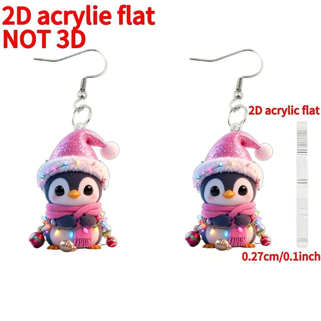 TEMU 2d Flat - A Pair Of Novelty Earrings For Christmas, Featuring A Cute Penguin Design In New 2d Acrylic . Trendy Additions Make Great Decorative
