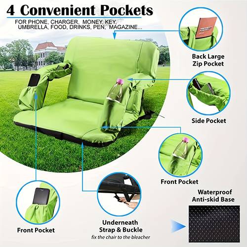 21 extra wide for with back support and thick padded cushion portable reclining folding chair with 4 pockets and shoulder straps big size
