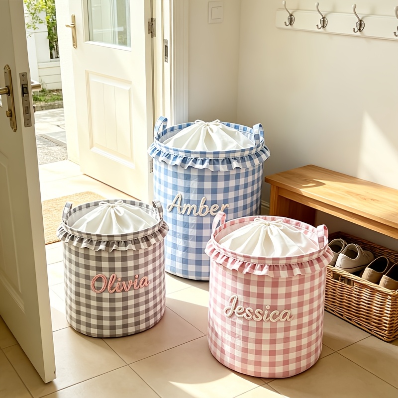 Custom Text Storage Basket - Plaid Laundry Hamper