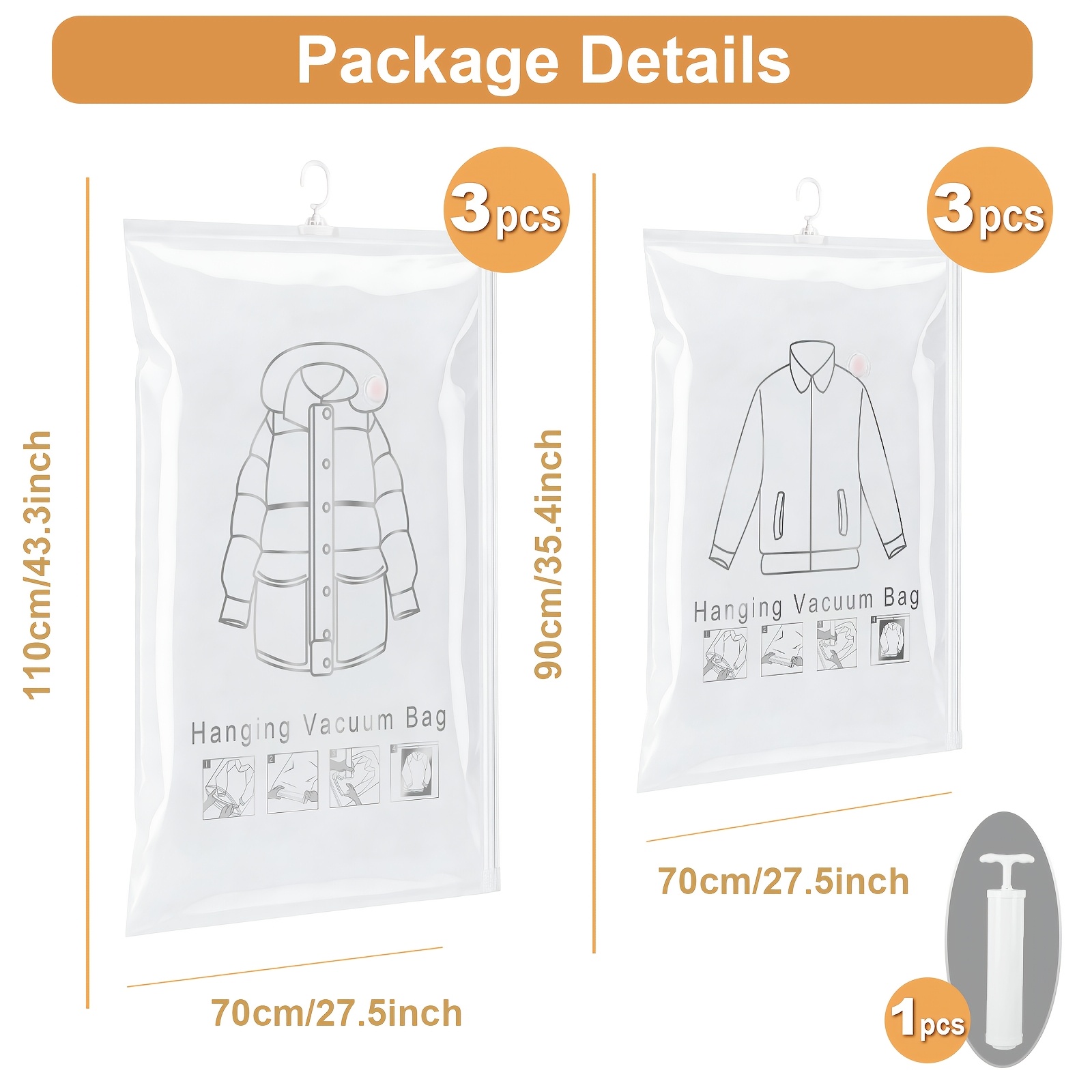 Image of 7pcs Hanging Vacuum Storage Bags With Hand Pump, 2 Sizes Clear Vacuum Sealer Bags, Space Saving Hanging Storage Organizer For Coats, Jackets, Down Jackets, Sweaters, Wardrobe Closet Clothes Storage
