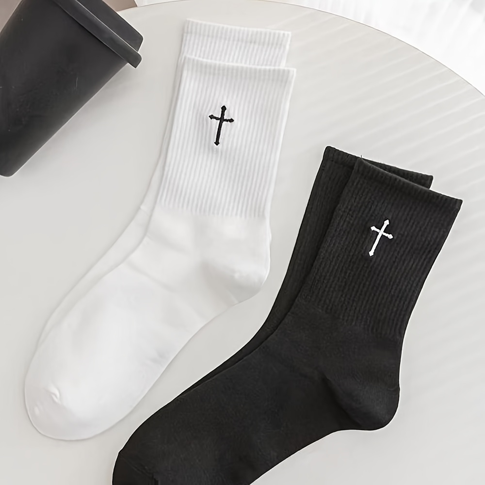 Of Black And White Solid Color Cross Pattern High-elastic Fashionable Mid-calf Socks