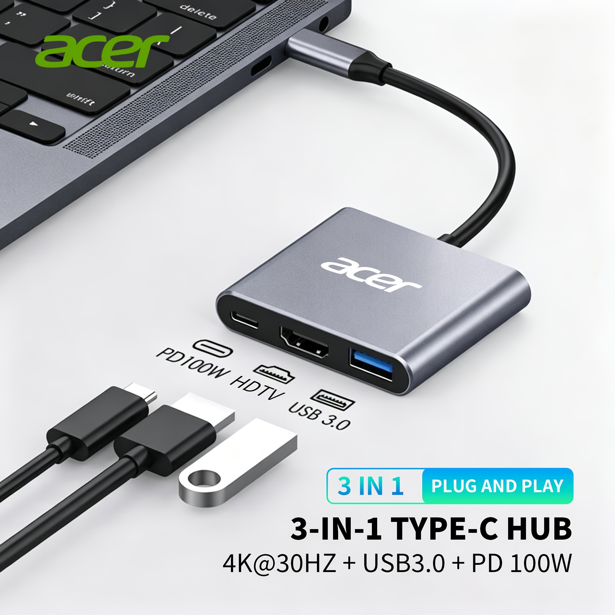 TEMU Acer Usb-c Multiport 3-in-1, 4k Hdtv Video Output, Usb 3.0 Transfer, 100w Pd Pass-through Charging, Portable Type-c Docking Adapter For Notebook