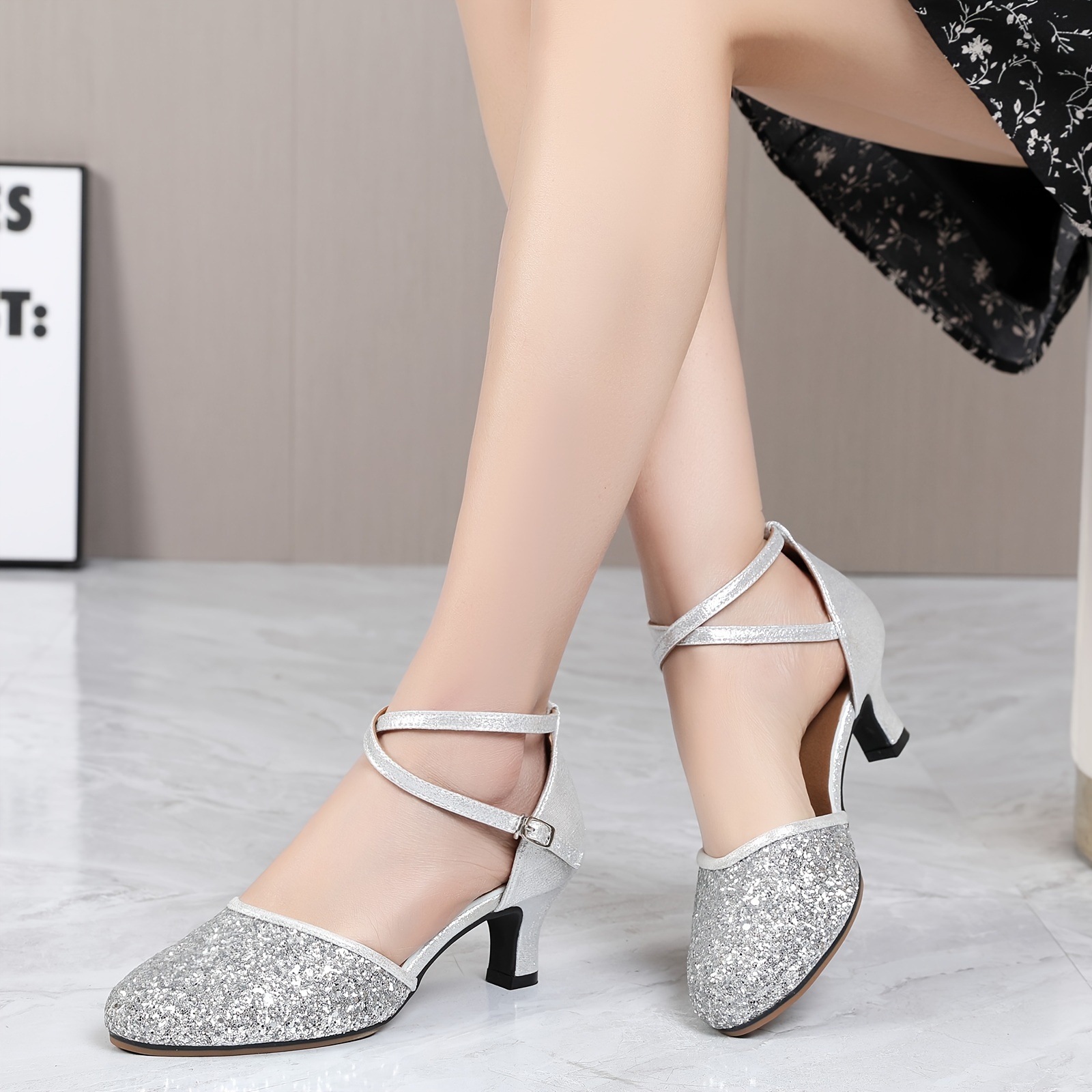 womens low heeled latin dance shoes sparkling sequin decor closed peep toe cross strap buckle for music festival dancing