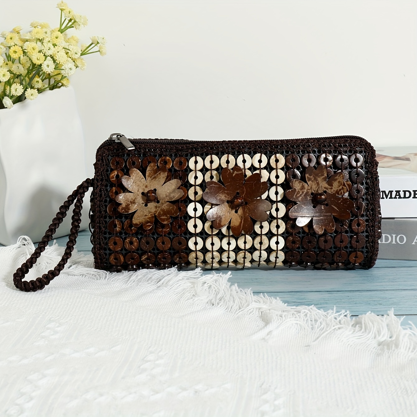 

Handcrafted Coconut Shell Long Purse For Women, Ethnic Chic Style Fashion Clutch With Floral Detail