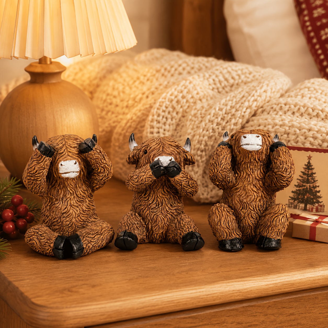 TEMU 3pcs Cute Highland Cow Statues, Presenting The Classic "no Hearing, No , No Speaking" Posture, Suitable For Home Desktop, Room, Office, Living