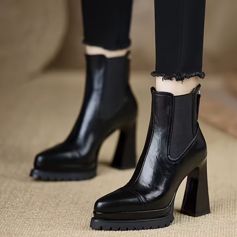 TEMU Bottes montantes à talon épais à bout pour femmes, plateforme, talons hauts polyvalents, bottes fines anti-fatigue, chaussures pour femmes