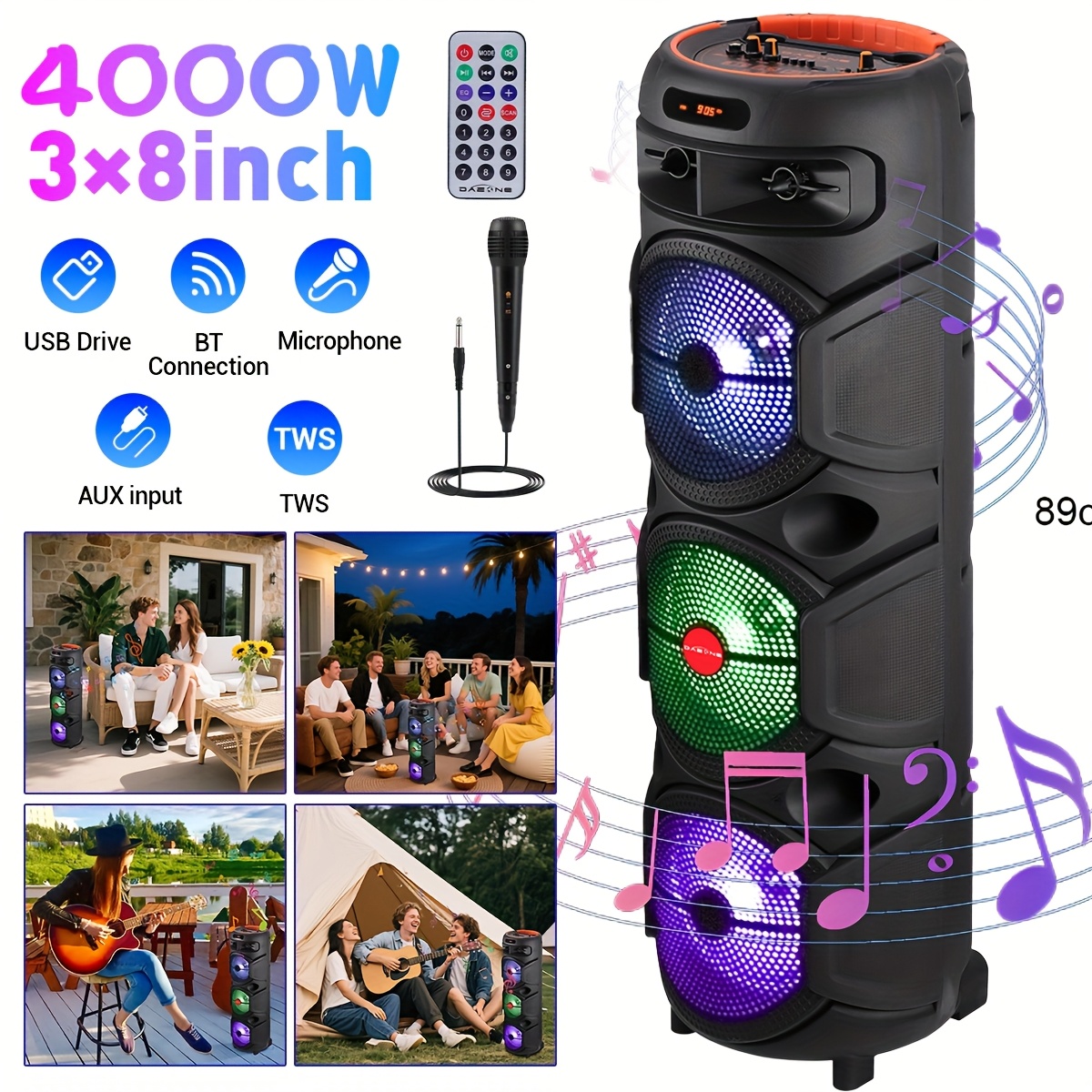 TEMU 4000w 3 8'' Portable Wireless Pa Bluetooth Speaker -bluetooth Speaker With Subwoofer, Bluetooth Speakers Powerful, Speaker Sound System, Karaoke