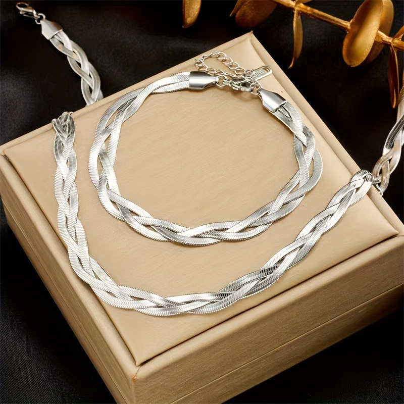TEMU 2pcs Golden Stainless Steel Jewelry Golden-plated Golden Hand-woven Design Necklace Bracelet Jewelry Set Ins French Casual Trend Retro Casual Ladies Daily Commuter Holiday Party Wear