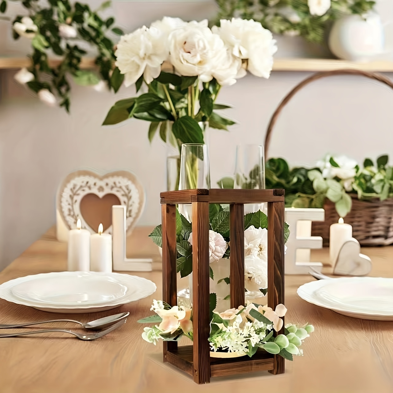 TEMU 2pcs Vintage Wooden Candlestick Lantern Set (including A Candlestick, A Garland), Rustic Style Candle Lantern Decoration, Suitable For Weddings,