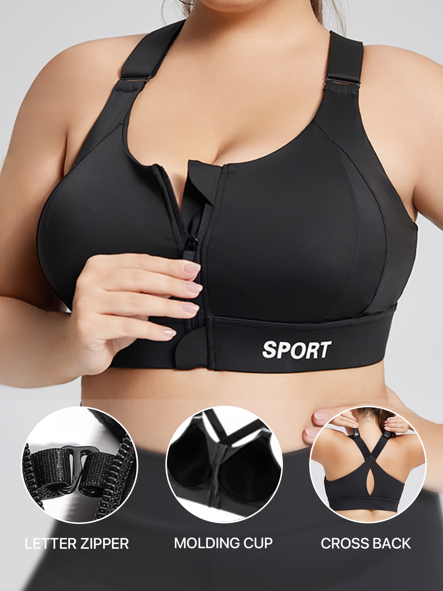 Plus Size Sports Bra with Front Zipper, Pilates Tank Top, Yoga Bra with Chest Pad, Backless Sports Bra, Adjustable Strap High Support Bra, Zipper Fitness Sports Bra with Letters, Yoga Tank Top, Athletic Underwear, Running, Fitness, Cycling