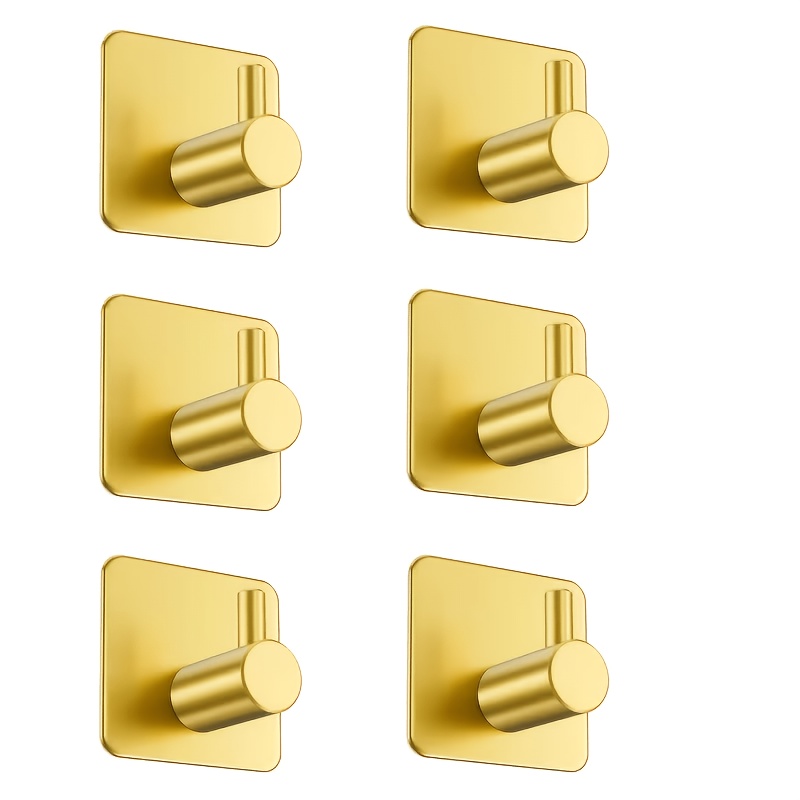 TEMU 6pcs Golden Towel Hooks, Adhesive Hooks, Clothes Robe Coat Hooks, Wall-mounted No-drill Stainless Steel Hooks For Bathroom, Toilet, Kitchen,