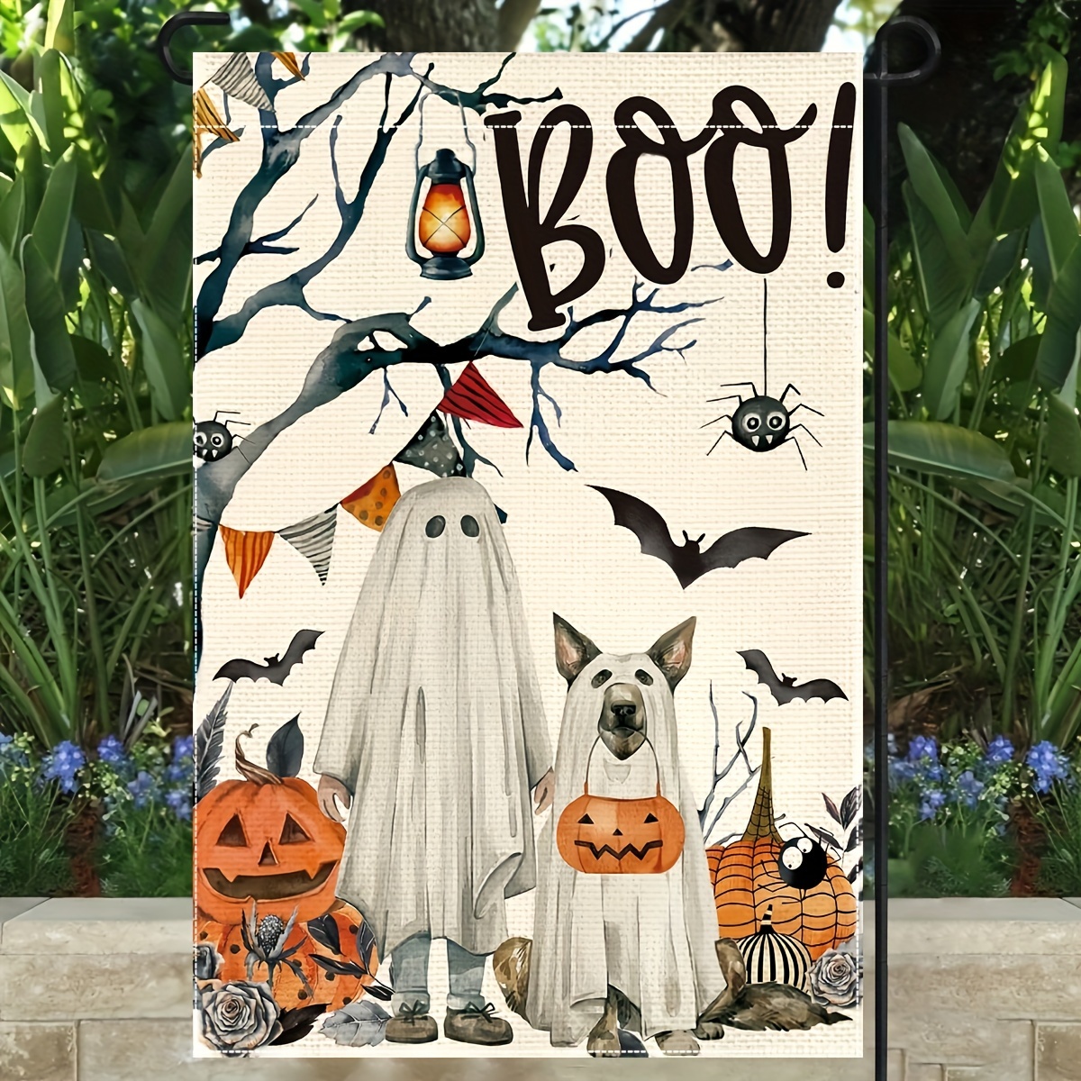 

1pc, Halloween Garden Flag, Ghost Dog Spoon 12x18 Inch Double Sided Flag, Courtyard Decoration, Home Decoration, Outdoor Decoration, Garden Decoration, Flag Only